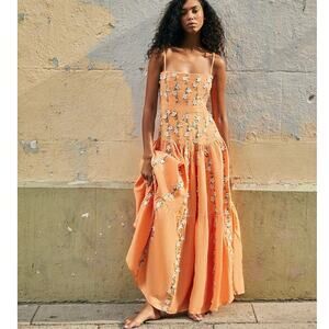 Agua by Agua Bendita Lima XS Sabanero Dorado Embellished Linen Maxi Dress